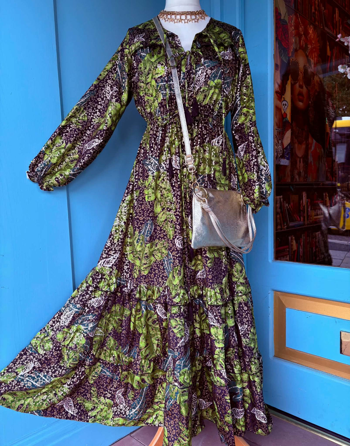 THE 'BOHEMIAN QUEEN' BREATHTAKING RICH GREEN AND GOLD FRILL DETAIL DRESS
