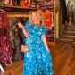THE 'ALHAMBRA SKIES' BREATH TAKING TURQUOISE AND COBALT BOTANICAL PRINT FRILL HEM DRESS FROM OUR SPANISH COLLECTION
