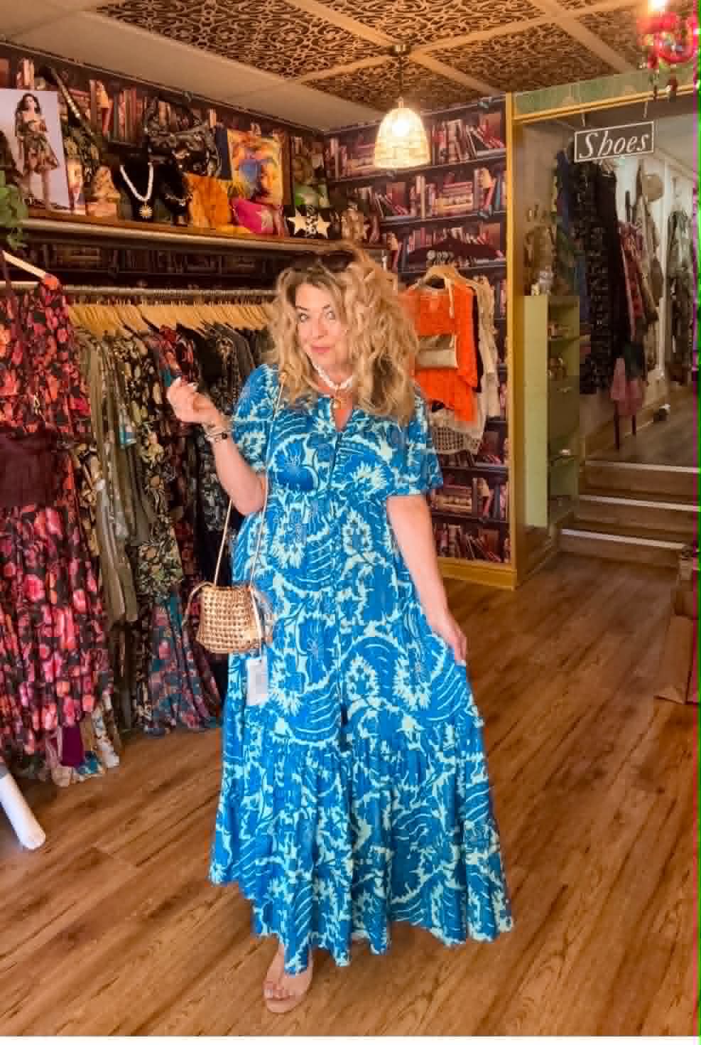 THE 'ALHAMBRA SKIES' BREATH TAKING TURQUOISE AND COBALT BOTANICAL PRINT FRILL HEM DRESS FROM OUR SPANISH COLLECTION