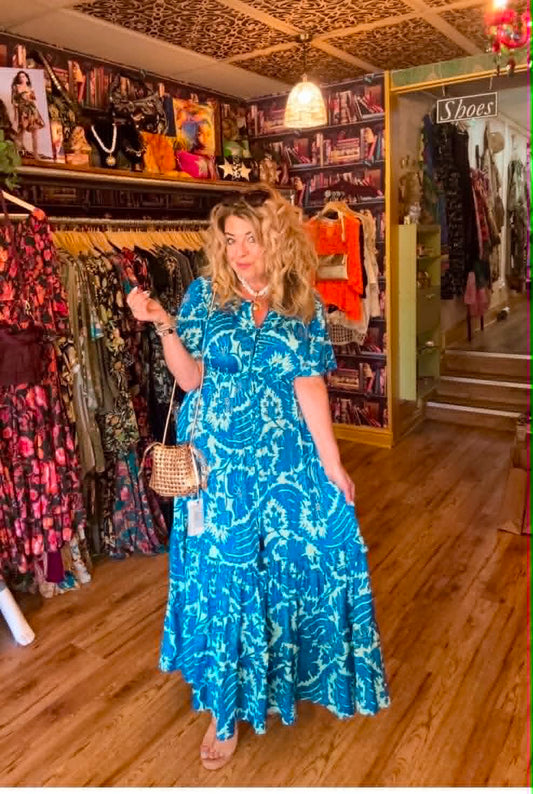 THE 'ALHAMBRA SKIES' BREATH TAKING TURQUOISE AND COBALT BOTANICAL PRINT FRILL HEM DRESS FROM OUR SPANISH COLLECTION