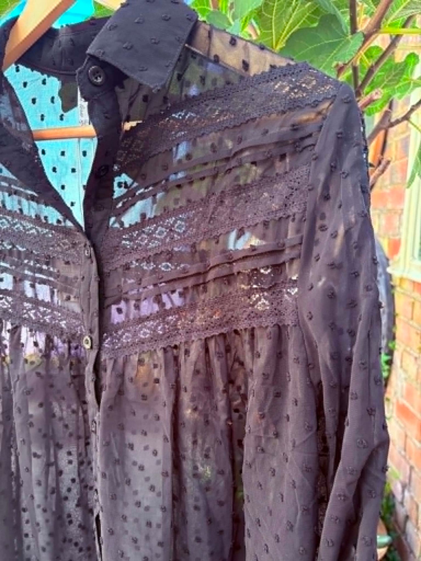 THE 'VICTORIANA' STUNNING BLACK DOBBY SPOT LACE EMBELLISHED VICTORIANA STYLE BUTTON THROUGH TUNIC/DRESS