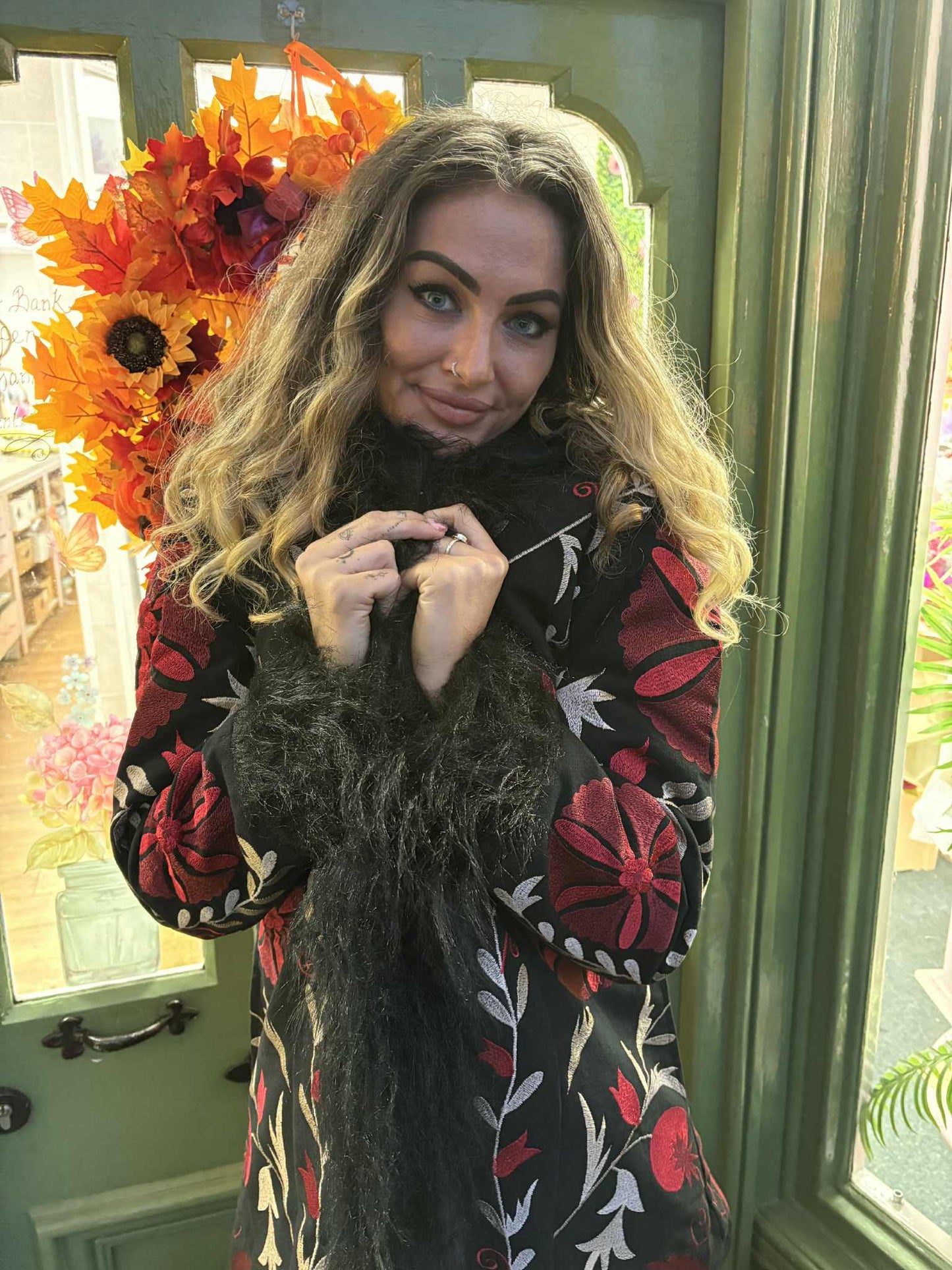 THE 'MONA' STUNNING 70'S STYLE RICHLY EMBROIDERED FAUX FUR AFGHAN COAT IN CHERRY AND BLACK FROM OUR EXCLUSIVE SPANISH RANGE