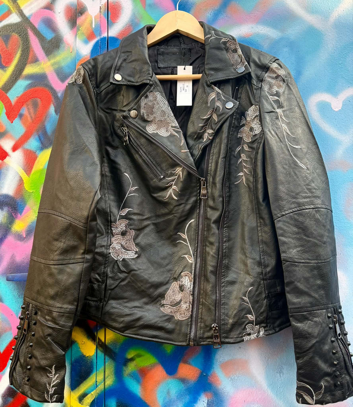 THE 'ROCK AND ROSES' STUNNING BIKER JACKET WITH BEAUTIFUL EMBROIDERED ROSES AND STUDDED DETAIL.