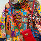 THE 'VIVIENNE' BRIGHT AND BEAUTIFUL ARTY HOTCHPOTCH PRINT ASYMMETRIC JACKET IN RAINBOW COLOURS