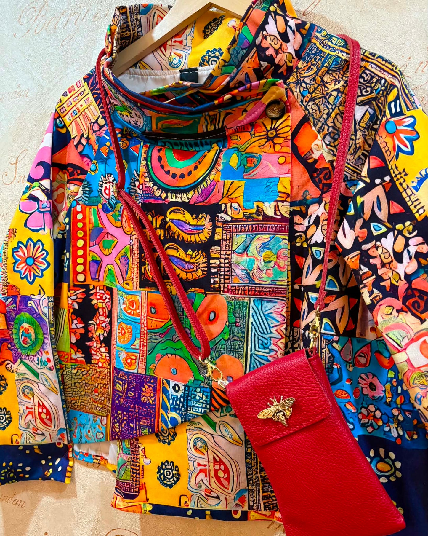 THE 'VIVIENNE' BRIGHT AND BEAUTIFUL ARTY HOTCHPOTCH PRINT ASYMMETRIC JACKET IN RAINBOW COLOURS