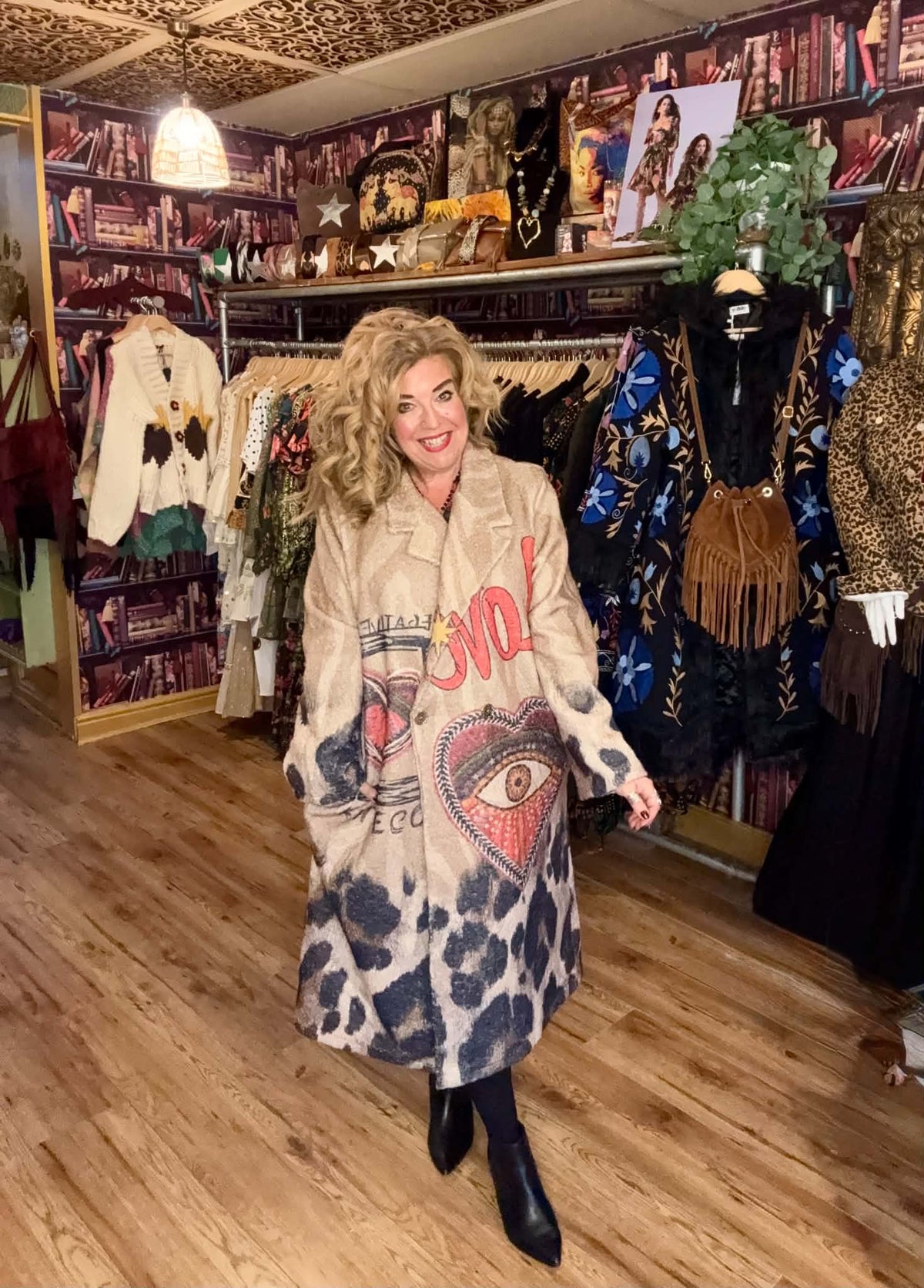 THE 'CELESTIAL LOVE' COSY OVERSIZED BUTTON FRONT BLANKET COAT WITH HEARTS, SUNS AND MYSTIC EYES