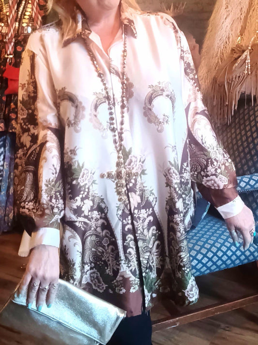 THE 'CHELSEA' BEAUTIFUL BOTANICAL PRINT LUXURIOUS SATIN FEEL OVERSIZED SHIRT