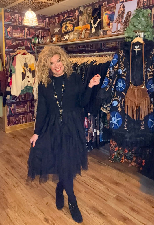 THE 'RAVEN' STUNNING FROTHY BLACK TULLE SKIRTED DRESS WITH DETACHABLE SUPERSOFT JUMPER TOP