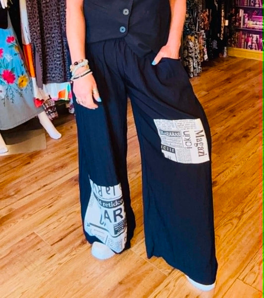 THE 'CAMDEN' LIGHTWEIGHT NEWSPAPER PATCH URBAN STYLE PANTS WITH COMFORTABLE STRETCH WAIST