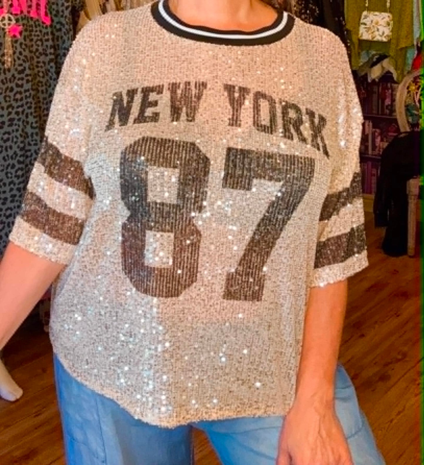 THE 'SPORT AND SEQUINS' SASSY SEQUIN AMERICAN SPORTY TOP WITH SEQUIN SHIMMERS
