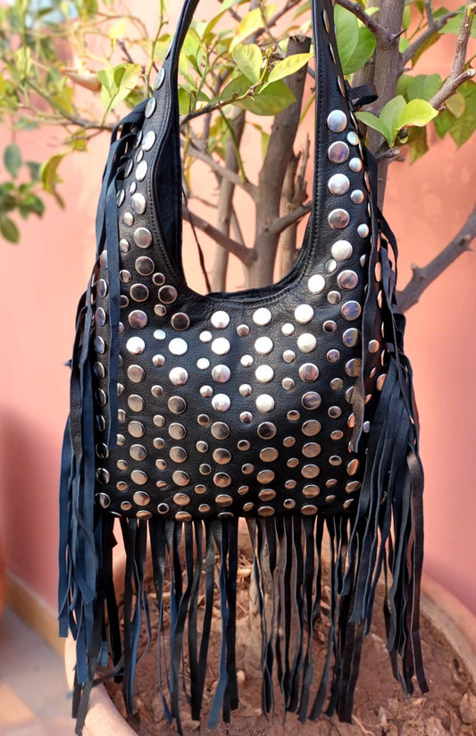 THE 'MEDINA' 100% EXQUISITE SOFT LEATHER FRINGED BAG WITH STUDDED EMBELLISHMENTS HANDMADE IN MARRAKECH TAN OR BLACK