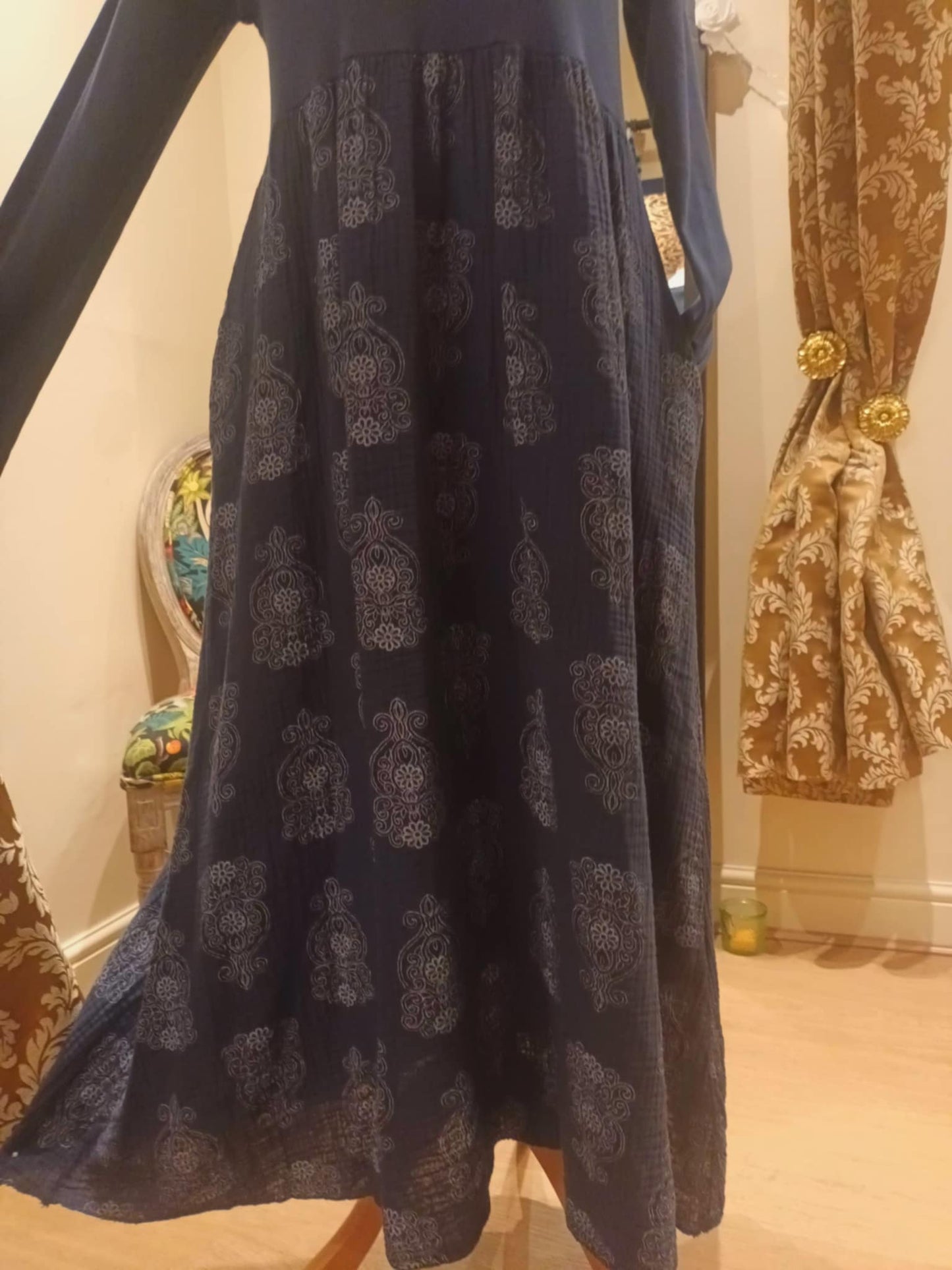 THE 'MANDALA' STUNNING SPIRITUAL PRINT COSY JERSEY DRESS WITH POCKETS WINE, KHAKI OR NAVY