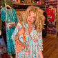 THE 'BELLE ANTICA' STUNNING DUCK EGG AND MULTI BIRD PRINT RUFFLE NECK SMOCK DRESS WITH TASSEL DETAIL