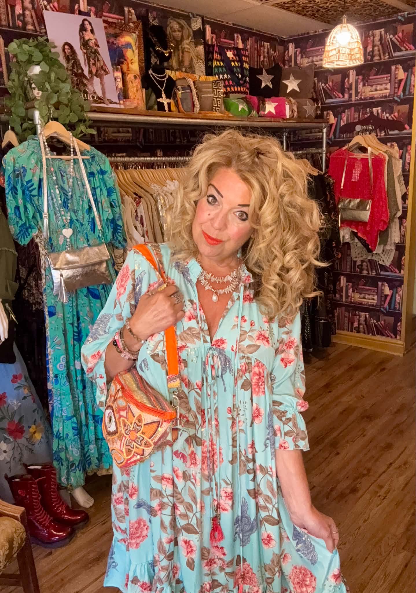 THE 'BELLE ANTICA' STUNNING DUCK EGG AND MULTI BIRD PRINT RUFFLE NECK SMOCK DRESS WITH TASSEL DETAIL