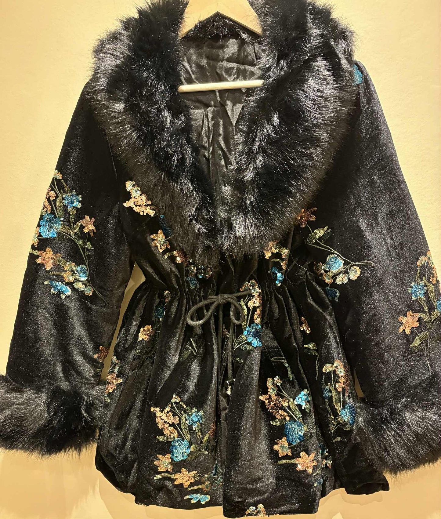 THE 'KIKI' LUXURIOUS VELVET COAT WITH STUNNING SEQUIN, FAUX FUR AND EMBROIDERED DETAIL