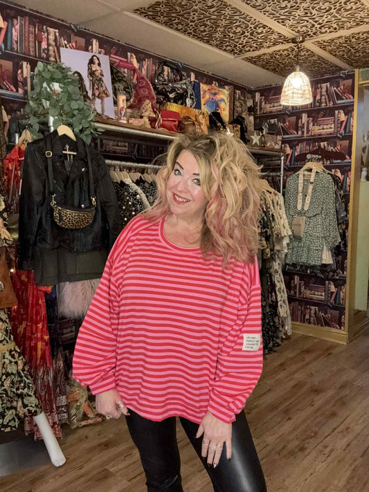 THE 'WEEKENDER' 70'S STYLE BRIGHT & BEAUTIFUL STRIPED SWEATSHIRT WITH QUIRKY PATCH DETAIL TWO COLOUR OPTIONS