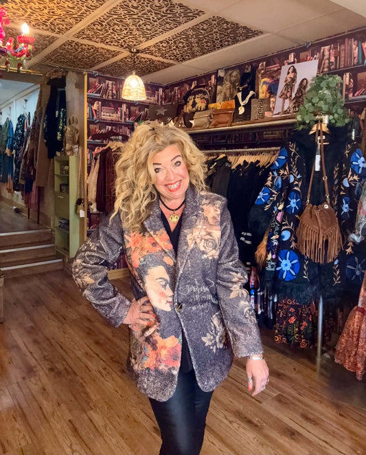 THE 'FRIDA'S RAINBOW' STUNNING STATEMENT BLAZER FEATURING FRIDA, BUTTERFLIES AND CELESTIAL SUNS