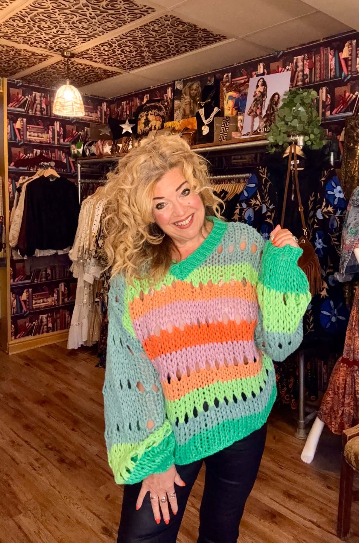 THE 'COSMIC GIRL' FUNKY RAINBOW COLOURED CHUNKY OPEN STITCH KNIT WITH BALLOON SLEEVES