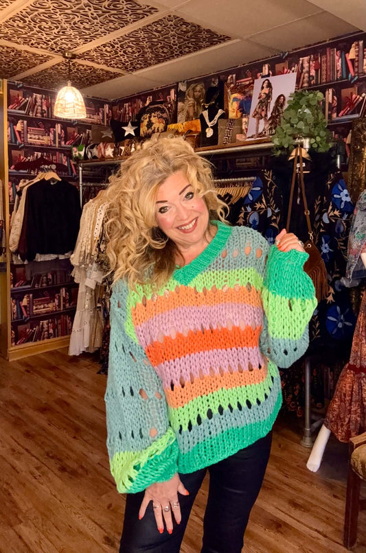 THE 'COSMIC GIRL' FUNKY RAINBOW COLOURED CHUNKY OPEN STITCH KNIT WITH BALLOON SLEEVES