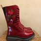THE 'ROSA' STUNNING SCARLET FLORAL EMBROIDERED LACE UP SUPER COMFORT BOOTS VEGAN FRIENDLY