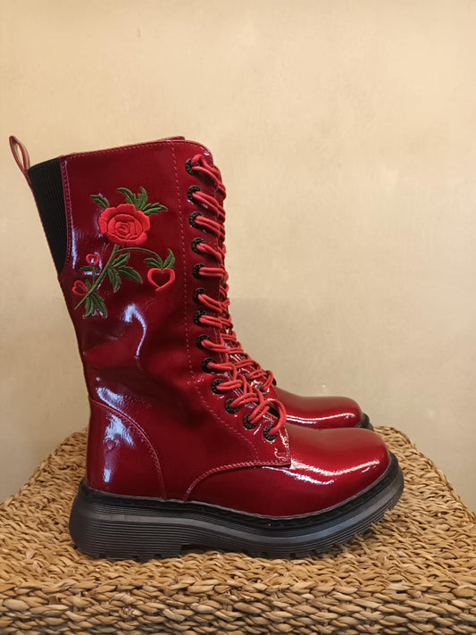 THE 'ROSA' STUNNING SCARLET FLORAL EMBROIDERED LACE UP SUPER COMFORT BOOTS VEGAN FRIENDLY