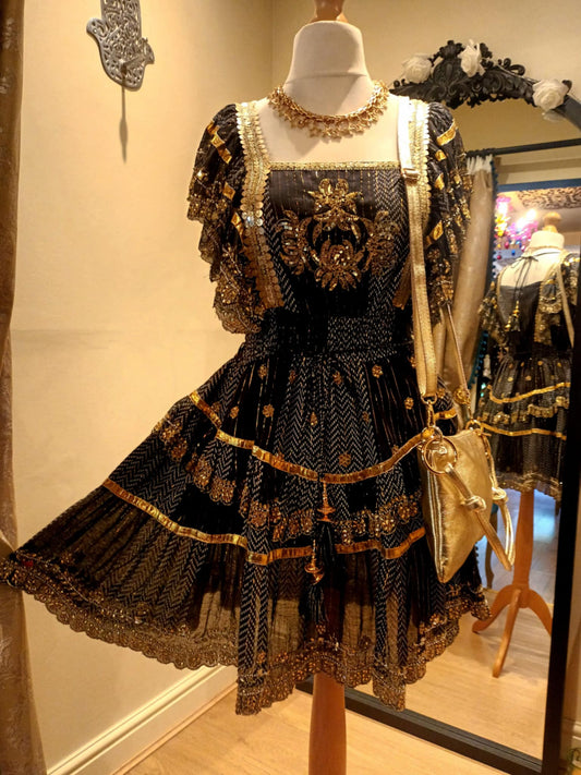 THE 'NATALIA' RICHLY BEADED FLIPPY BOHEMIAN DRESS IN BLACK/GOLD OR CREAM/GOLD FROM OUR SPANISH COLLECTION