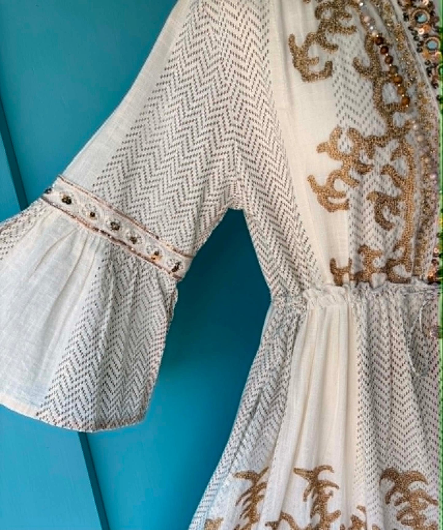 THE 'PALOMA' 100% COTTON STUNNING RICHLY EMBELLISHED IVORY BELL SLEEVE BOHEMIAN DRESS FROM OUR EXCLUSIVE SPANISH COLLECTION