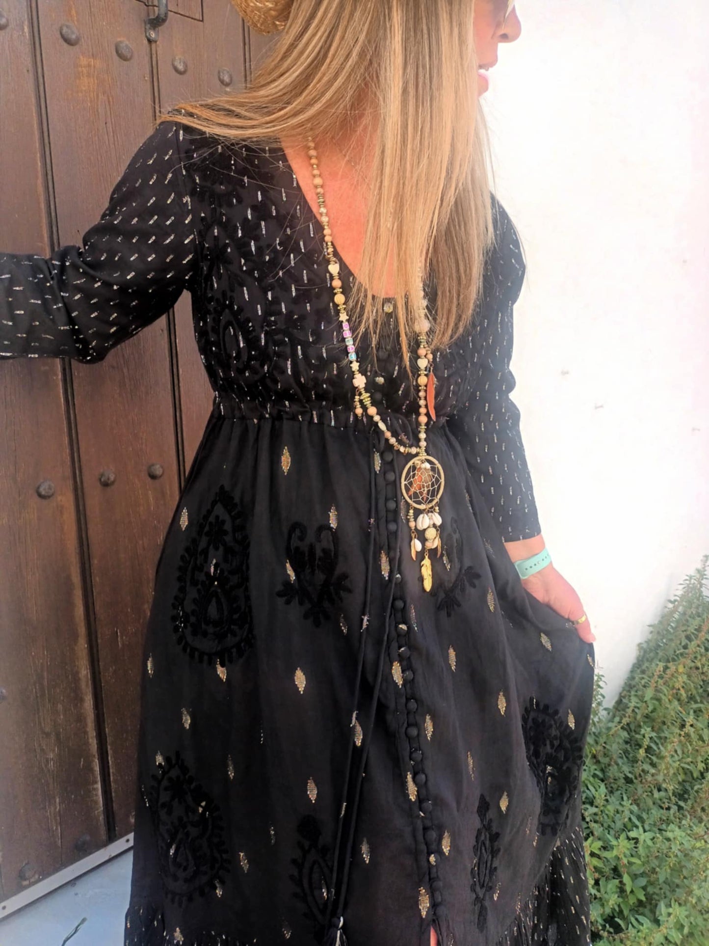 THE 'SEVILLE SUNSET' BEAUTIFUL RICH EMBROIDERED BLACK COTTON DRESS WITH GOLD AND SILVER DETAIL