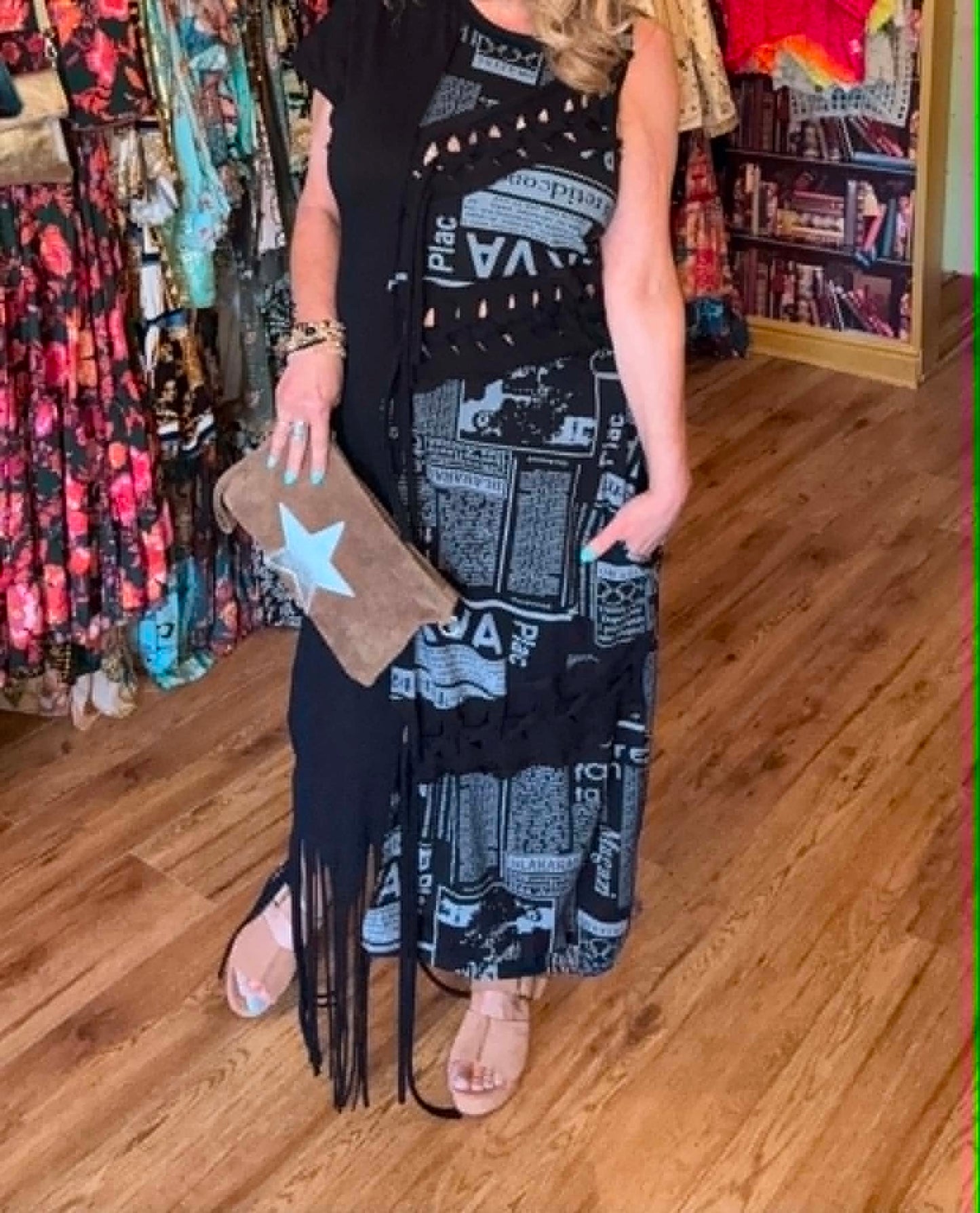 THE 'CARNABY' STUNNING URBAN CHIC STYLE NEWSPAPER PRINT LATTICE DRESS WITH FRINGE ITALIAN DESIGN