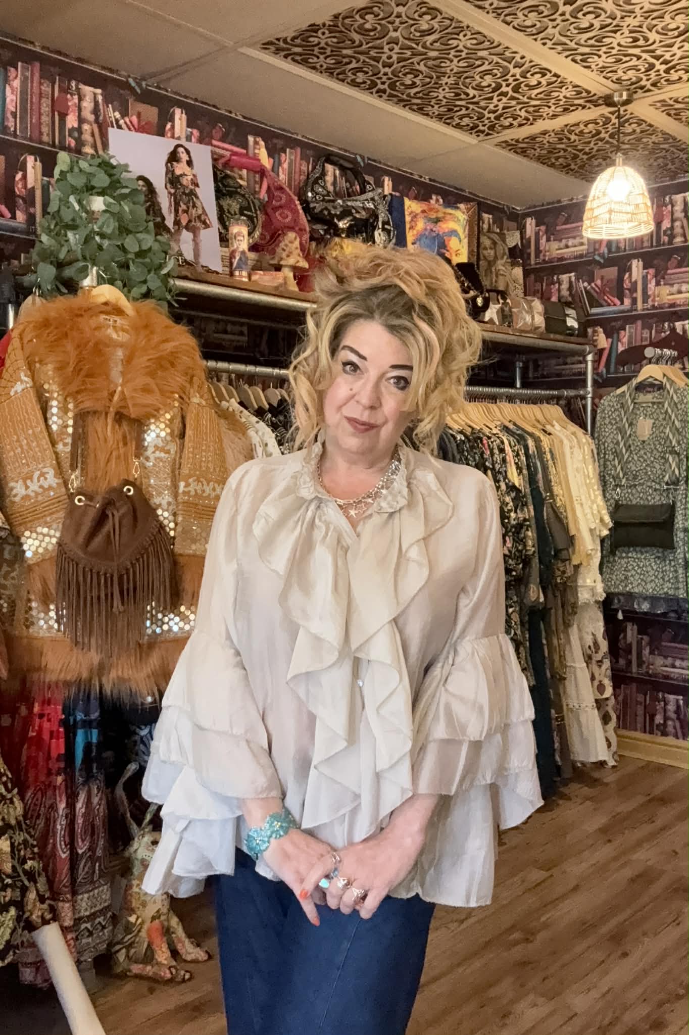 THE 'FLORENCE' FABULOUSLY FLAMBOYANT WATERFALL FRILL, BELL SLEEVE 70'S STYLE TOP IN ANTIQUE CREAM