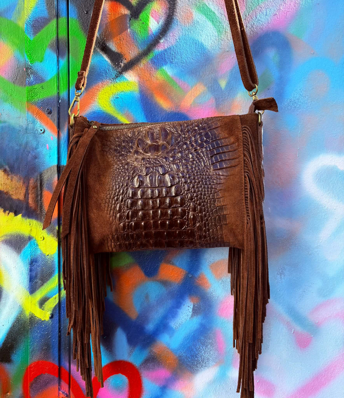 THE 'PHOENIX' EXQUISITE ITALIAN LEATHER CROC EFFECT FRINGED BAG WITH ADJUSTABLE SHOULDER STRAP