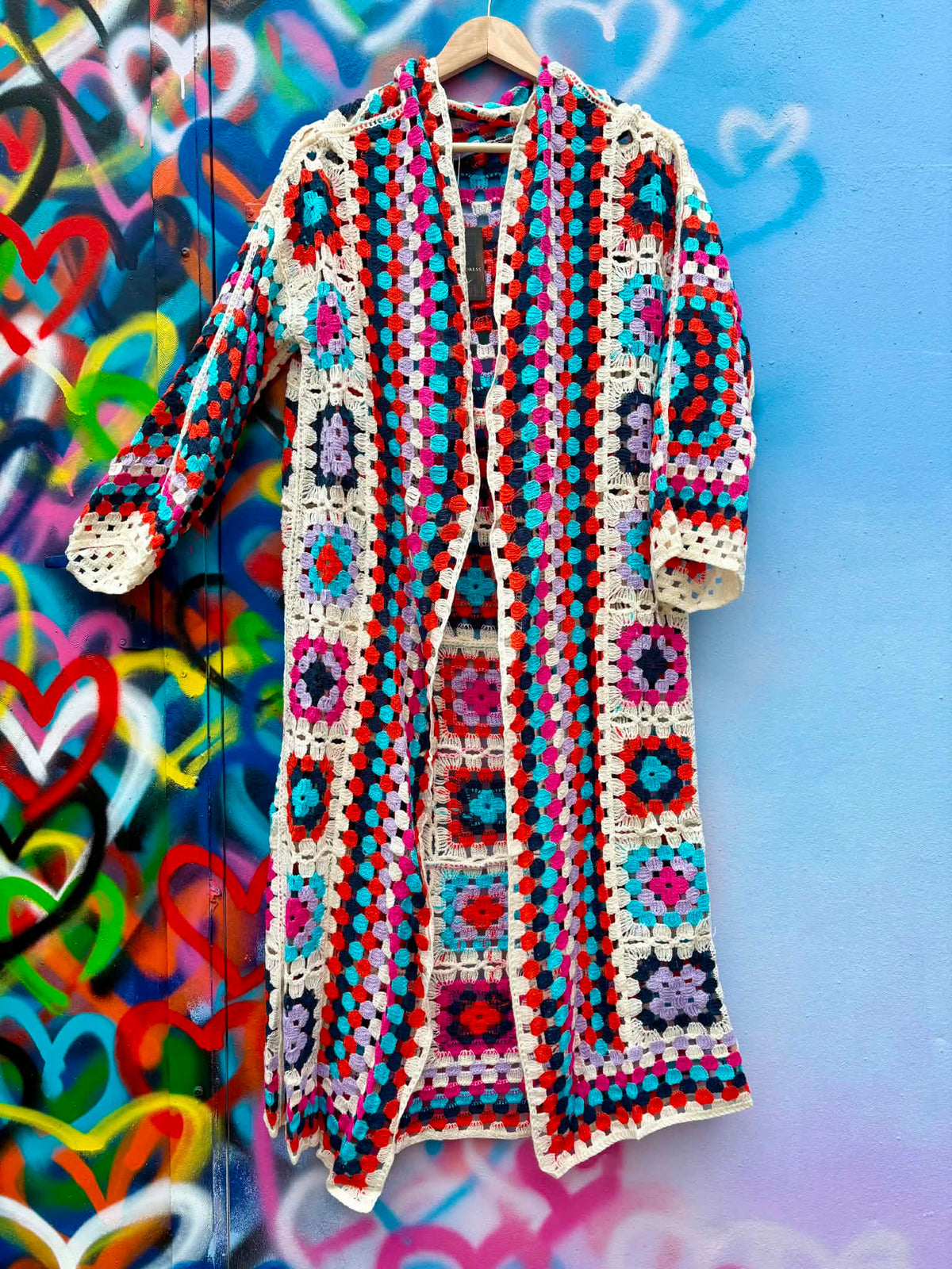 THE 'PATSY' CROCHET SQUARES 70'S STYLE MAXI CARDIGAN IN PRETTY RAINBOW COLOURS