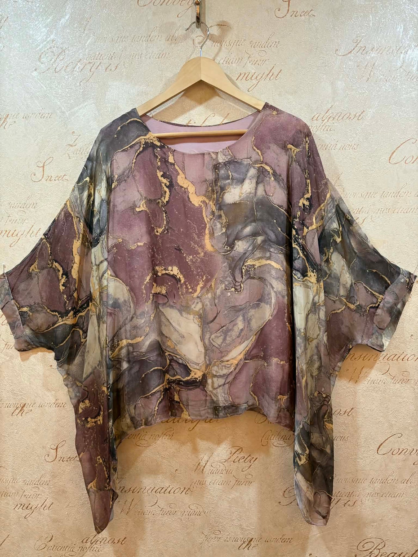THE 'SIENNA' LUXURIOUS SILK BLEND MARBLE PRINT TWO PIECE FLOATY TROUSER SUIT PINK, KHAKI OR BLUE