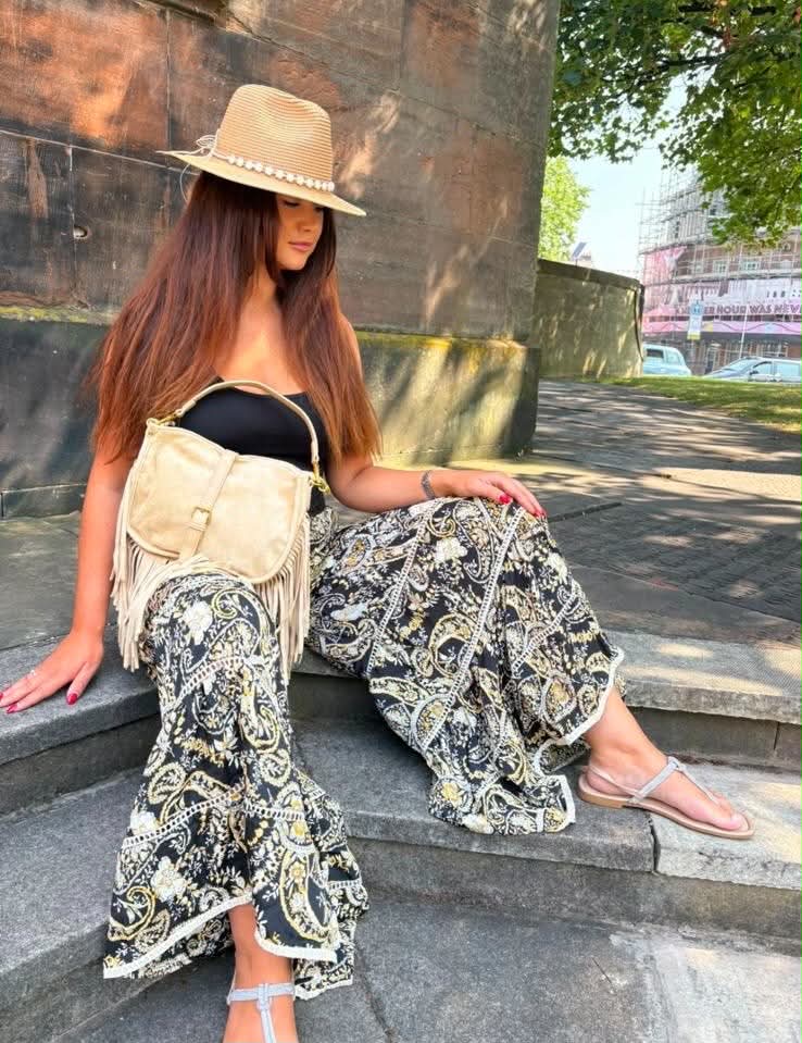 THE 'FIESTA' FABULOUS EMBELLISHED BELL BOTTOM BOHEMIAN FLARED TROUSERS FROM OUR EXCLUSIVE SPANISH COLLECTION
