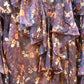 THE 'CLARA' BEAUTIFUL CHIFFON BUTTON FRONT WATERFALL FRILL BLOUSE IN A PLUM AND SPICE DITSY PRINT