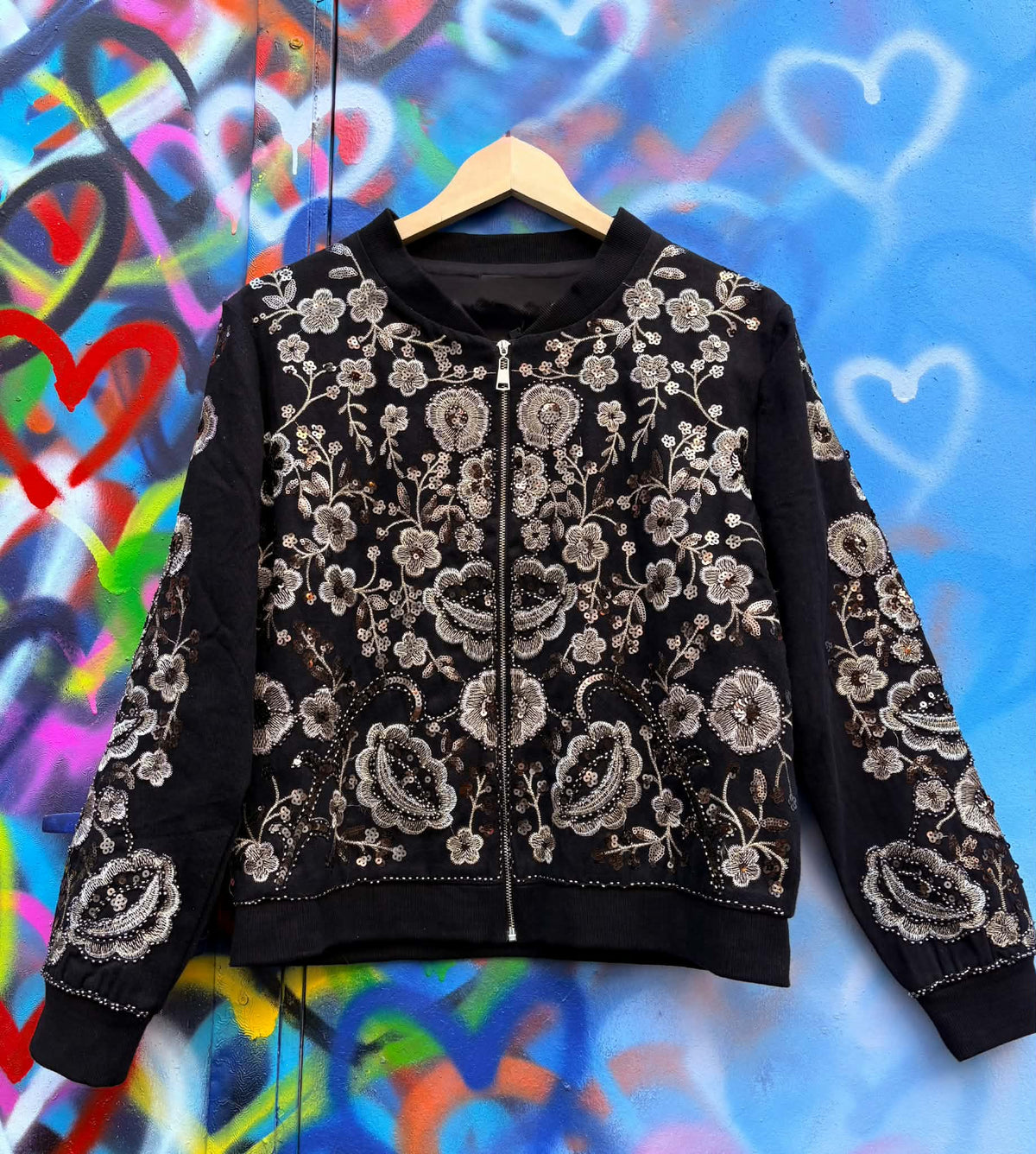 THE 'TWILIGHT ROCKS' STUNNING RICHLY BEADED, SEQUINNED AND EMBROIDERED ZIP FRONT BOMBER JACKET