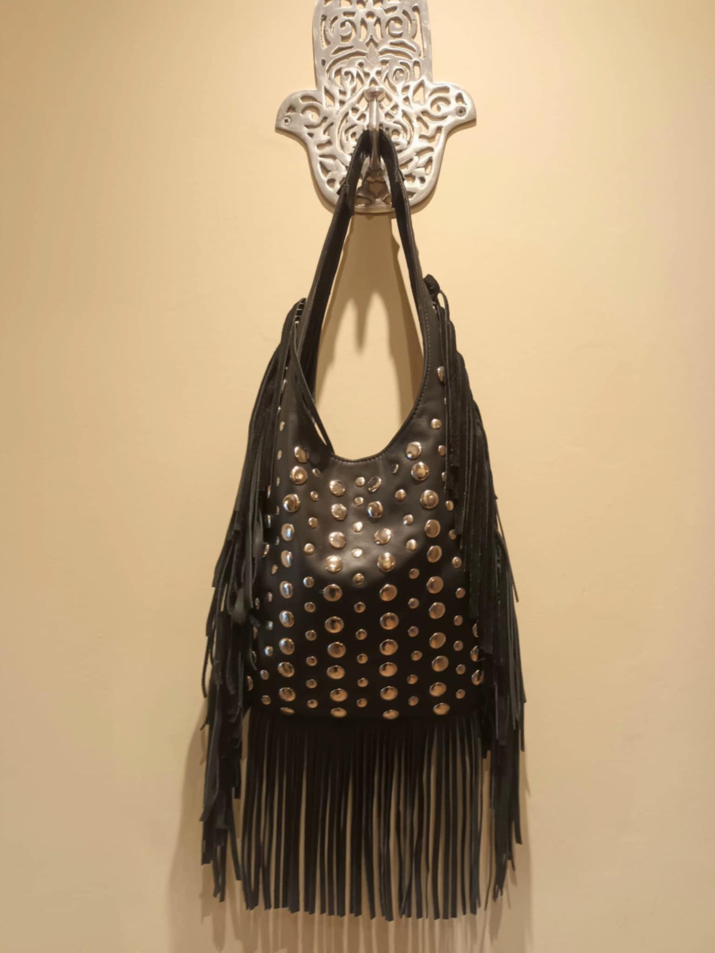 THE 'MEDINA' 100% EXQUISITE SOFT LEATHER FRINGED BAG WITH STUDDED EMBELLISHMENTS HANDMADE IN MARRAKECH TAN OR BLACK