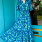THE 'ALHAMBRA SKIES' BREATH TAKING TURQUOISE AND COBALT BOTANICAL PRINT FRILL HEM DRESS FROM OUR SPANISH COLLECTION