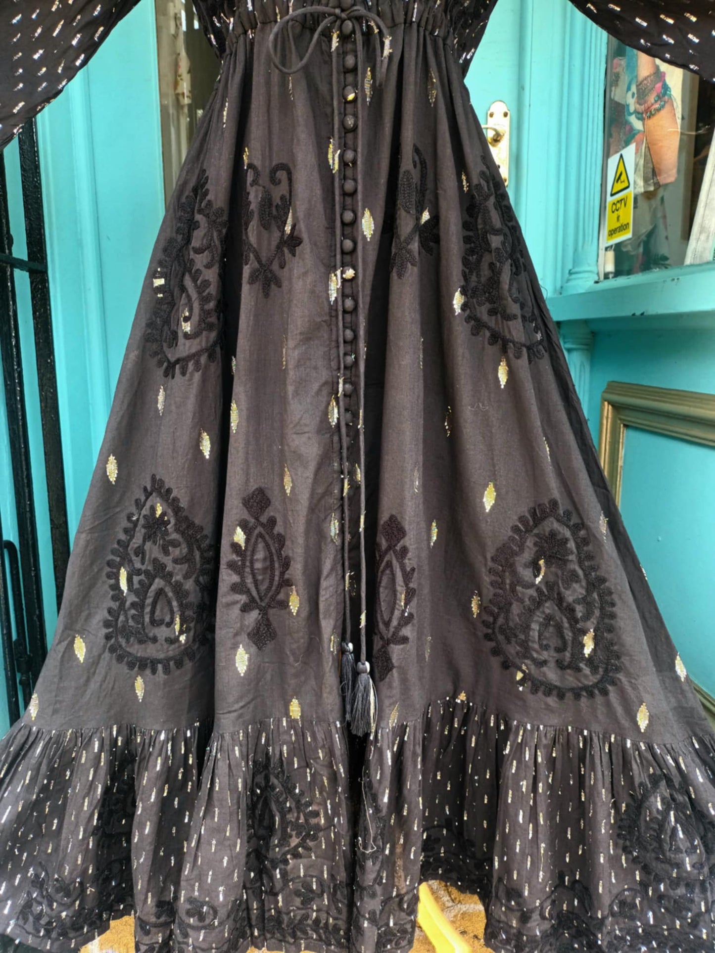 THE 'SEVILLE SUNSET' BEAUTIFUL RICH EMBROIDERED BLACK COTTON DRESS WITH GOLD AND SILVER DETAIL