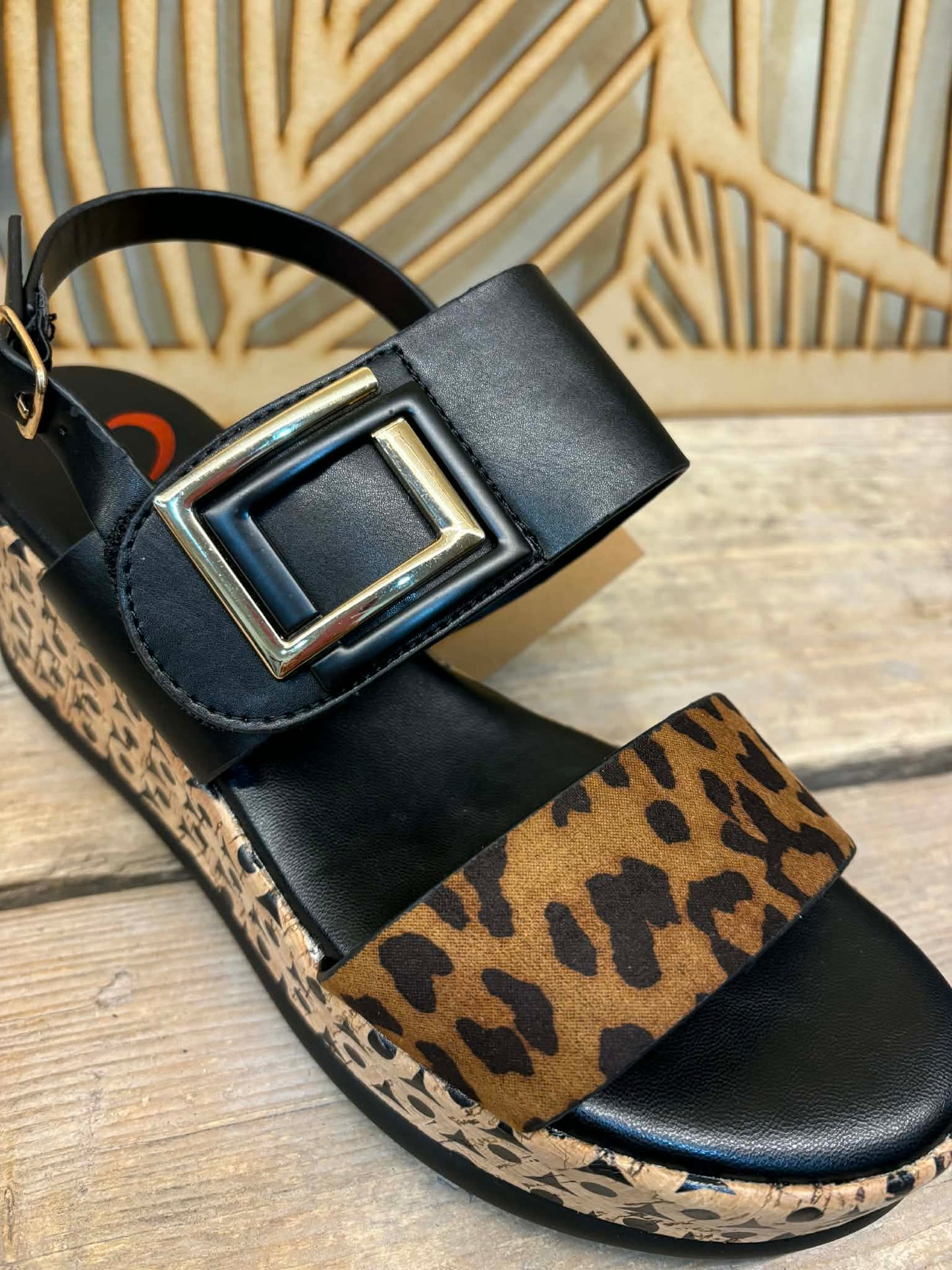 THE 'ST TROPEZ' STUNNING LEOPARD AND BLACK FEATURE PLATFORM WEDGE  SANDAL WITH SUPER COMFORT MEMORY FOAM SOLE