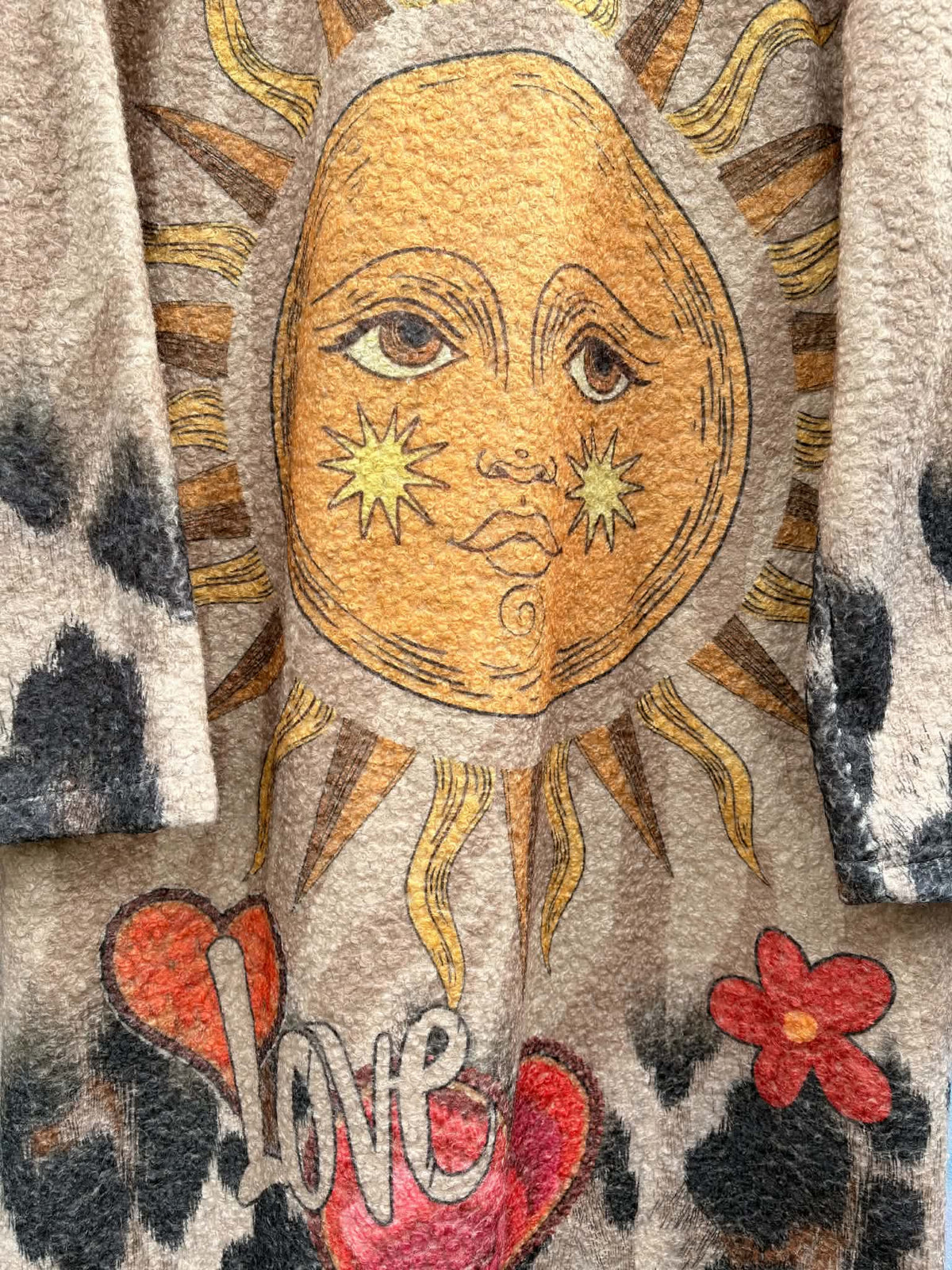 THE 'CELESTIAL LOVE' COSY OVERSIZED BUTTON FRONT BLANKET COAT WITH HEARTS, SUNS AND MYSTIC EYES