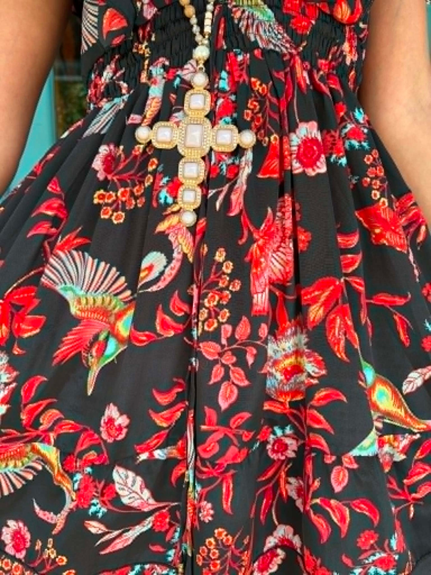 THE 'IBIZA SUNSET' VIBRANT BIRD OF PARADISE PRINT FLIPPY SUMMER DRESS WITH TASSEL BACK DETAIL FROM OUR EXCLUSIVE SPANISH COLLECTION