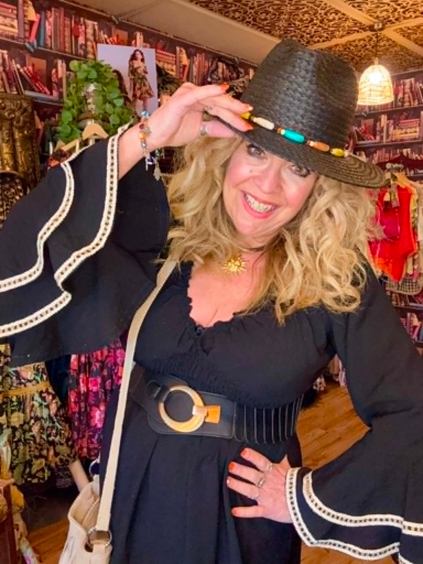 THE 'LOLA' FABULOUS BLACK AND CREAM LACE TRIM BELL SLEEVE FLIPPY DRESS FROM OUR EXCLUSIVE SPANISH COLLECTION