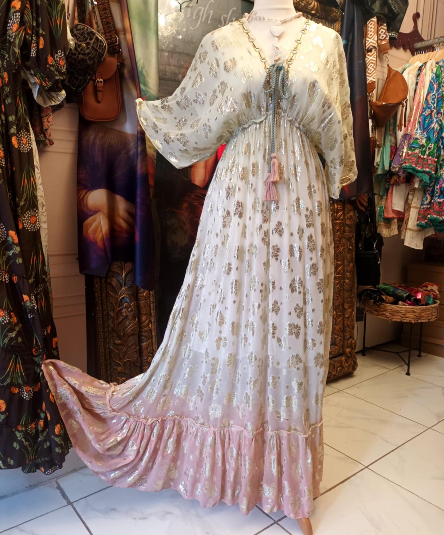 THE 'ANGELICA' STUNNING VANILLA & PINK GOLD EMBOSSED CHIFFON DRESS WITH GOLD BEADED DETAIL