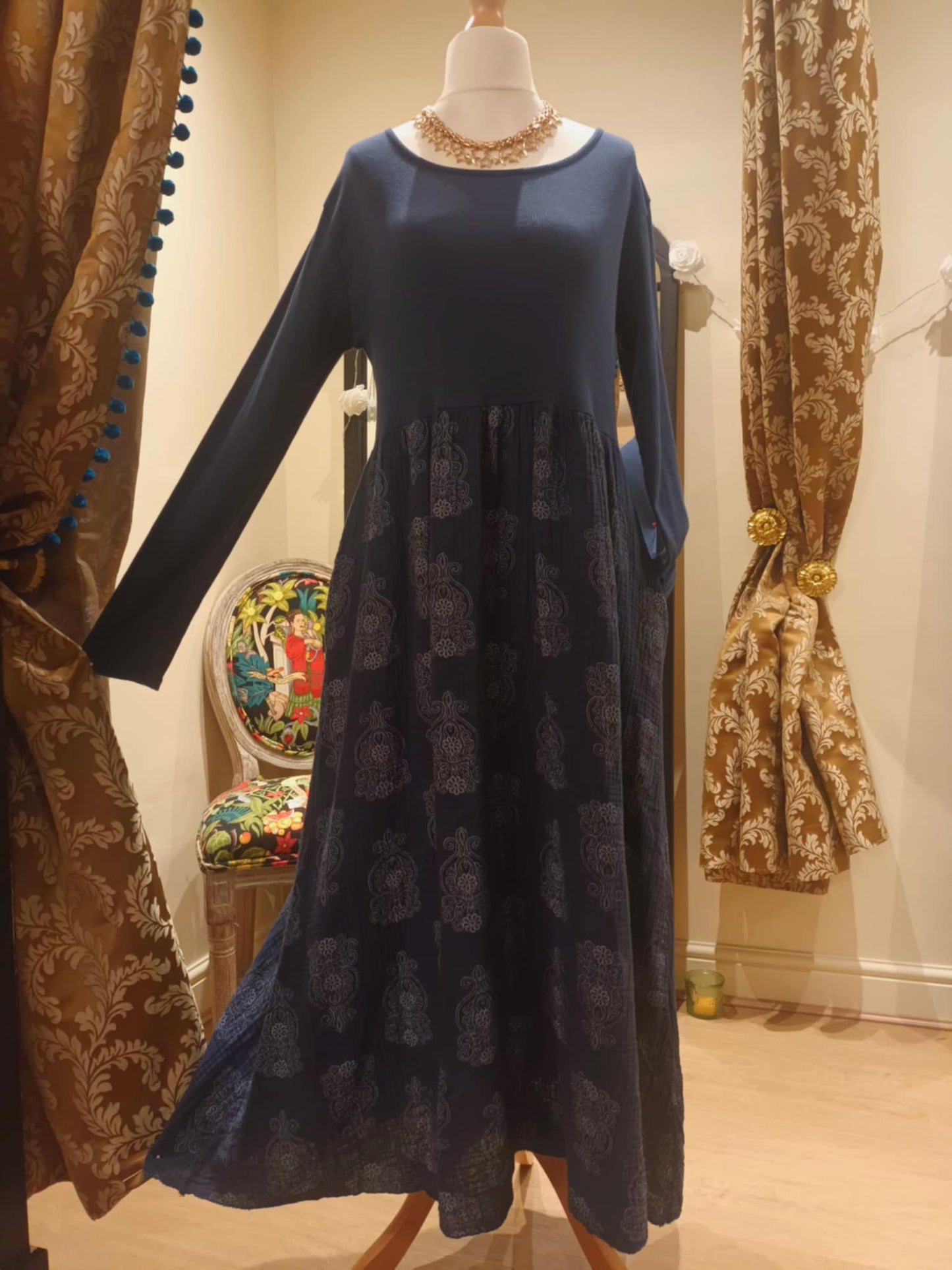 THE 'MANDALA' STUNNING SPIRITUAL PRINT COSY JERSEY DRESS WITH POCKETS WINE, KHAKI OR NAVY