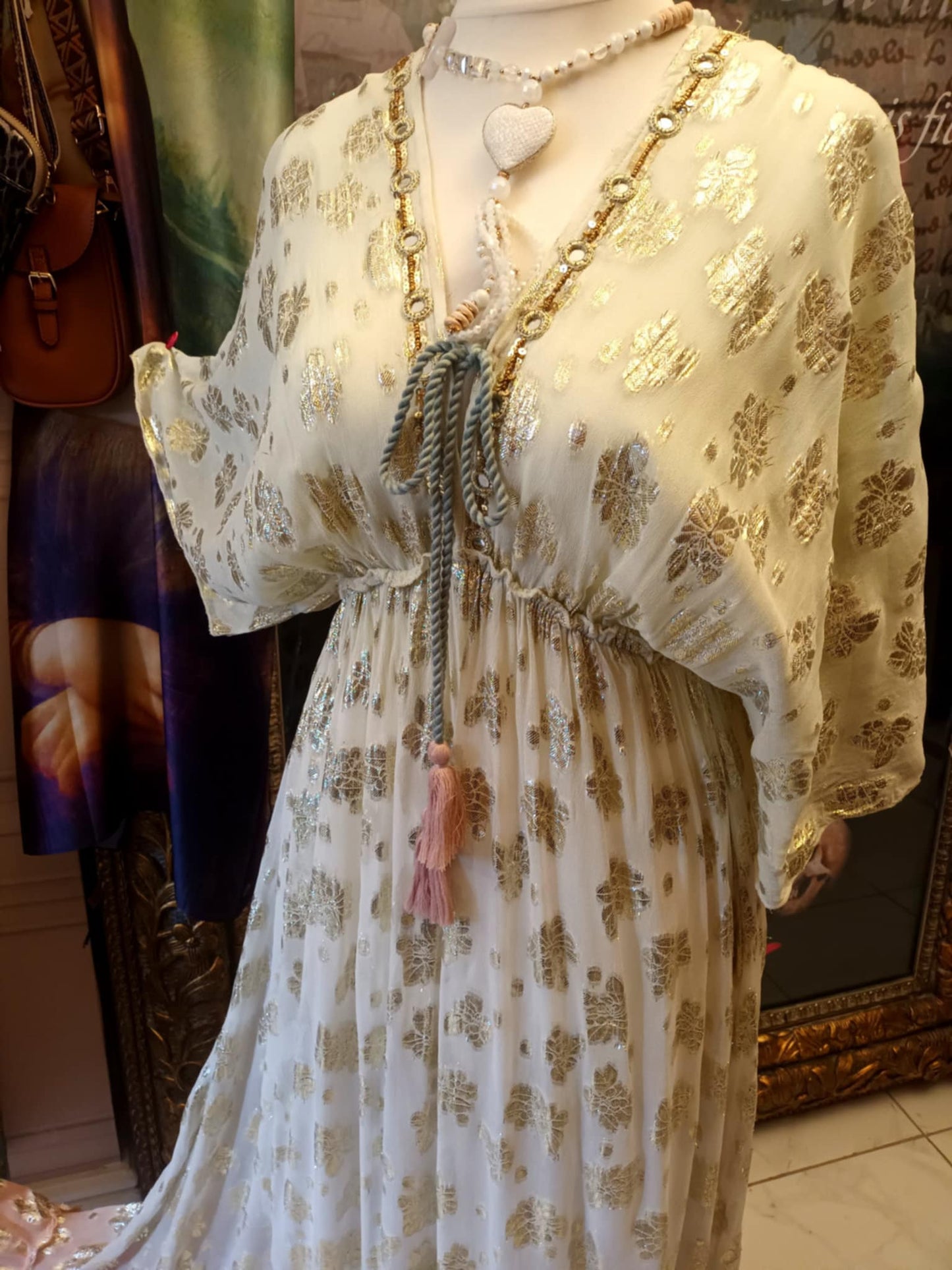THE 'ANGELICA' STUNNING VANILLA & PINK GOLD EMBOSSED CHIFFON DRESS WITH GOLD BEADED DETAIL