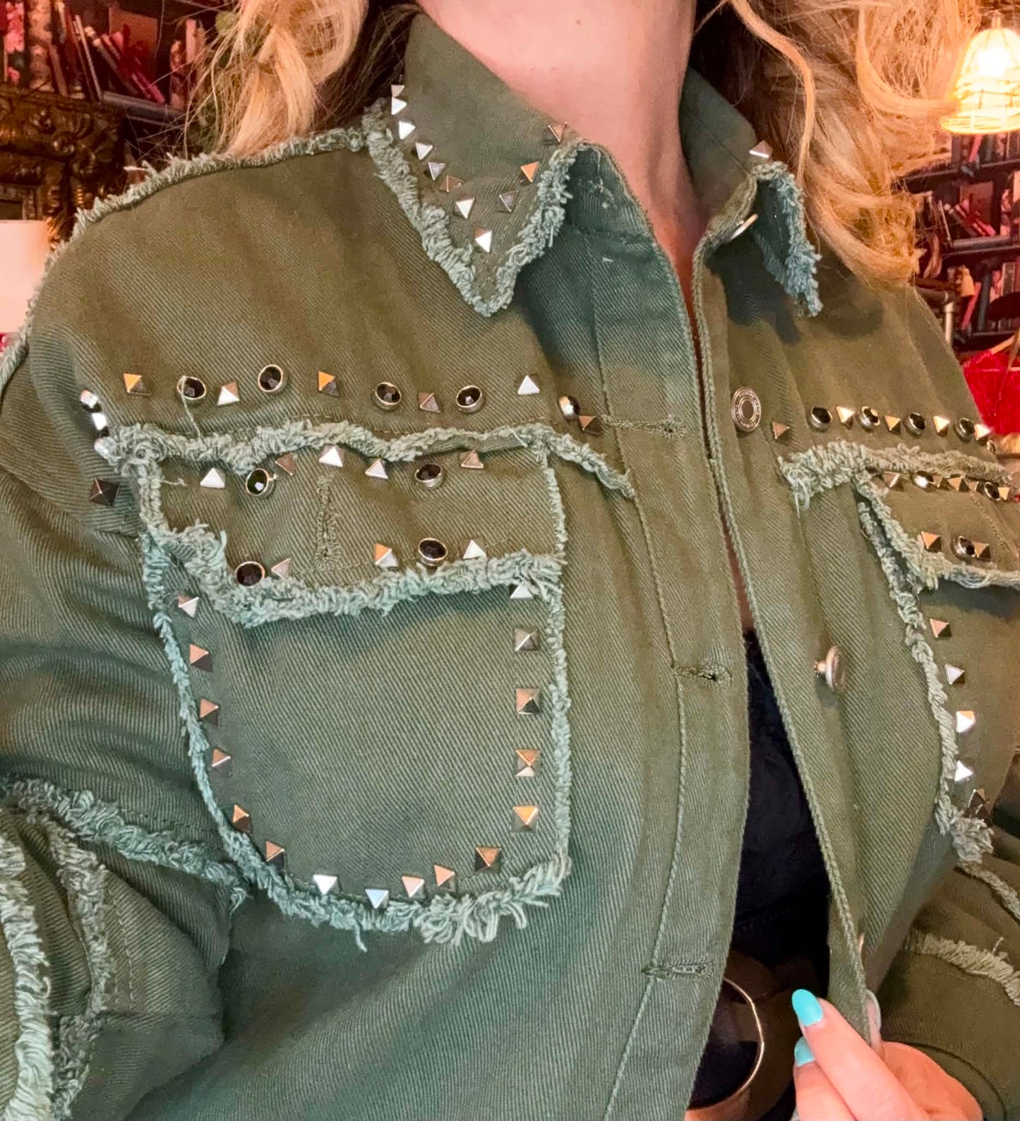 THE 'ARMY DREAMERS' FABULOUS ROCK CHICK STYLE RICHLY STUDDED JACKET IN ARMY GREEN