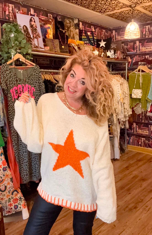 THE 'SUPERSTAR' FABULOUSLY SOFT STAR DETAIL OVERSIZED SNUGGLE JUMPER IN CREAM AND ORANGE