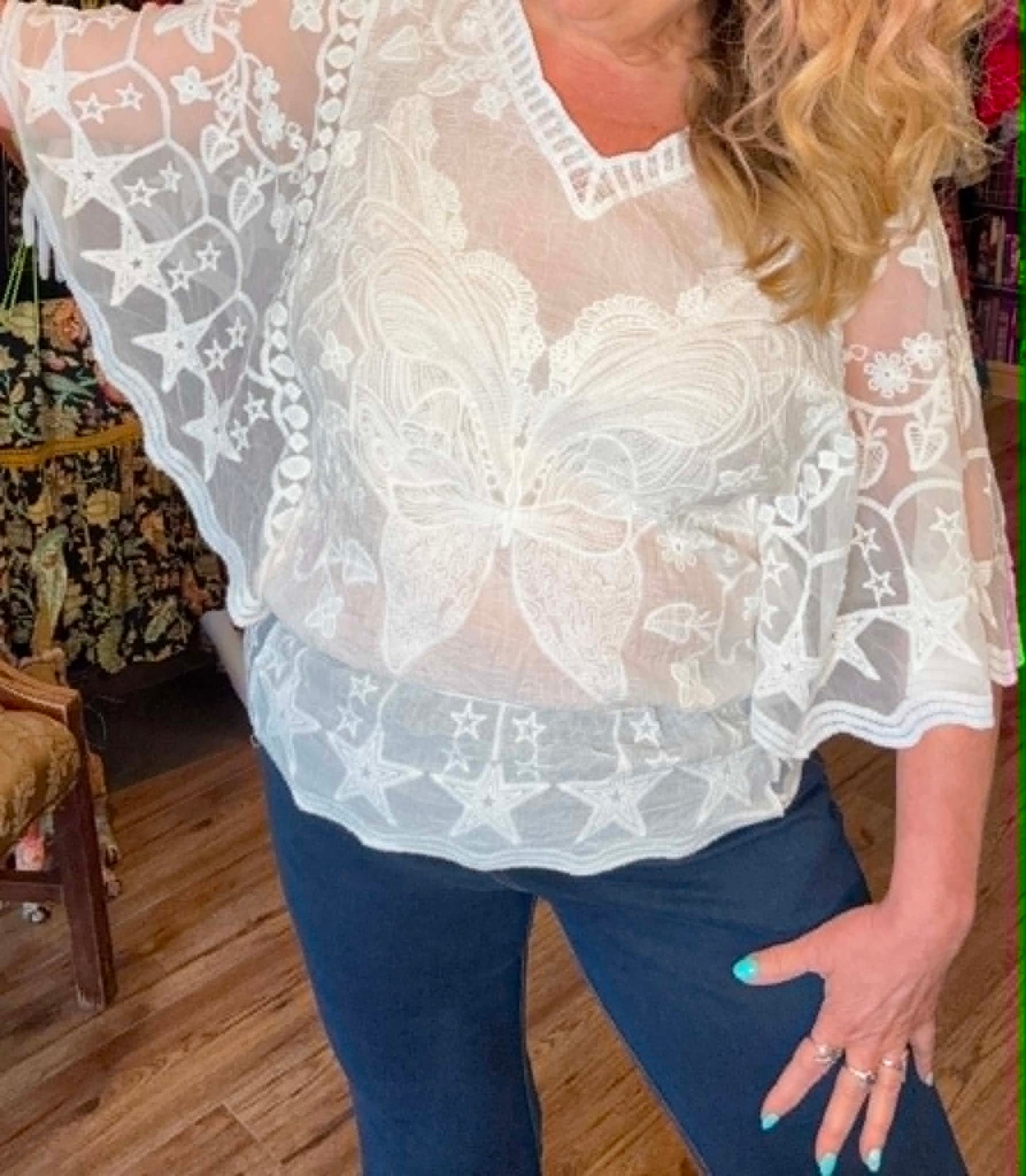 THE 'WOODSTOCK' SNOWY WHITE 70'S STYLE ANGEL SLEEVE EMBROIDERED SHEER SLEEVE TOP