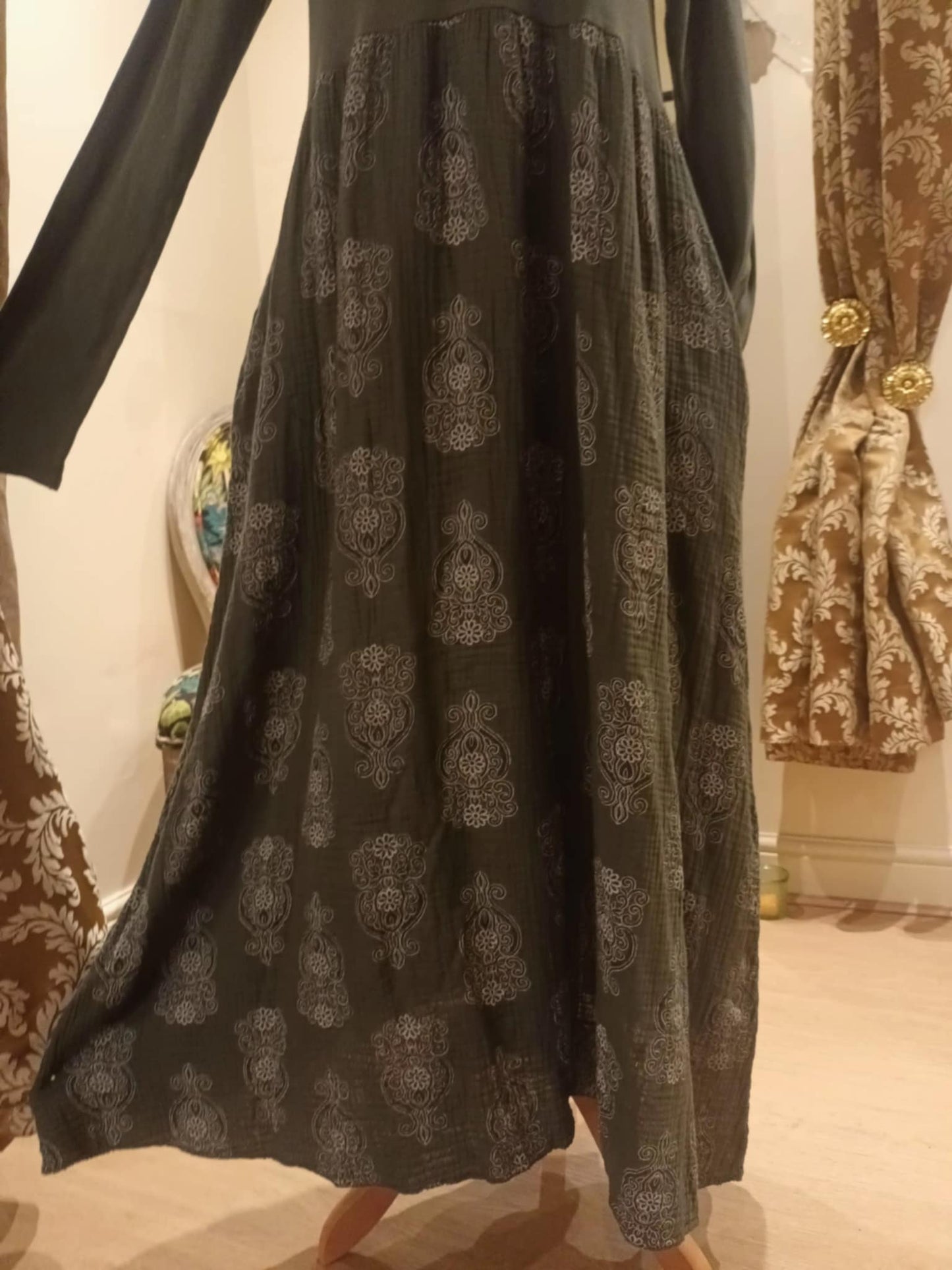 THE 'MANDALA' STUNNING SPIRITUAL PRINT COSY JERSEY DRESS WITH POCKETS WINE, KHAKI OR NAVY